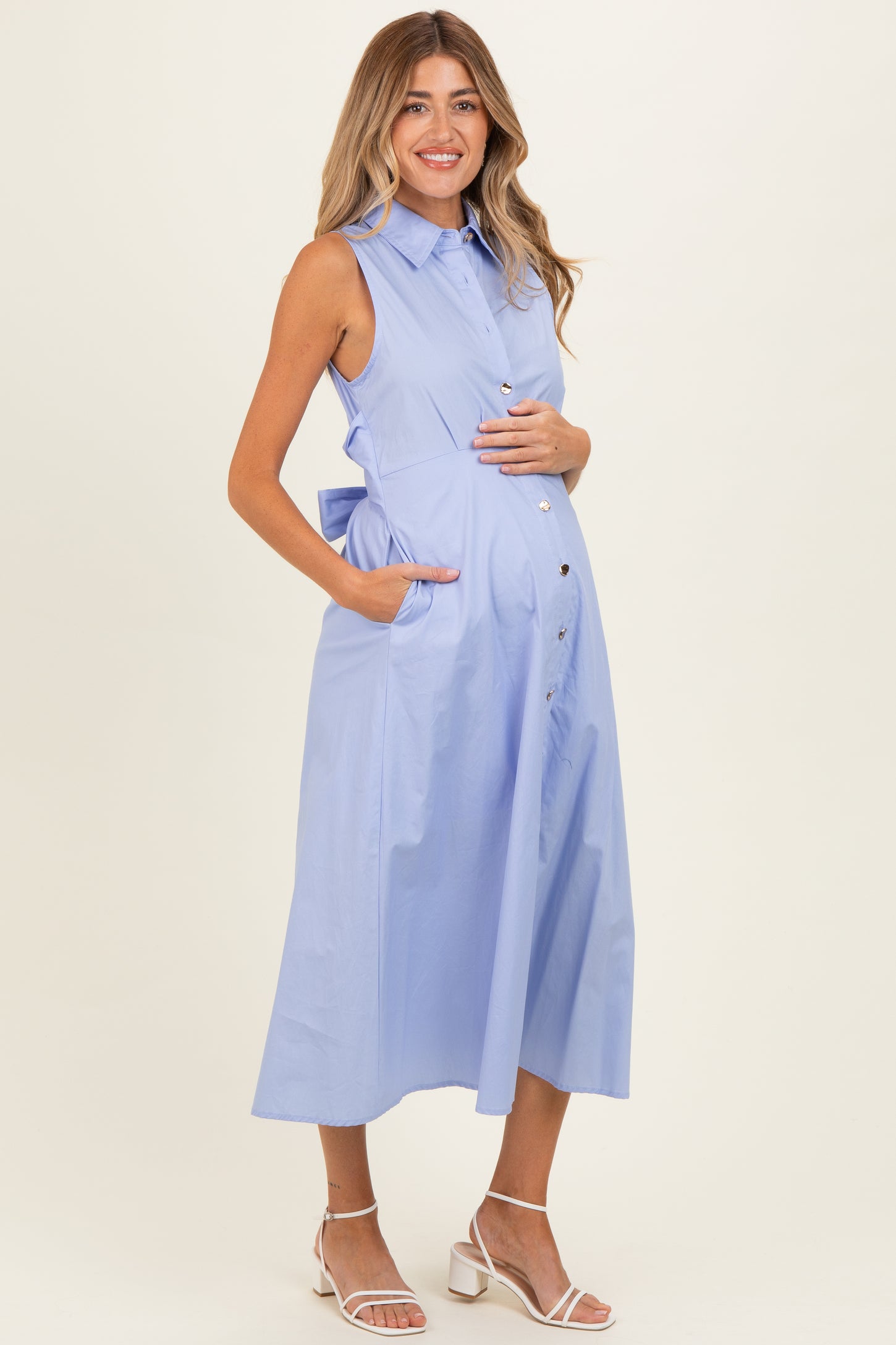 Chambray Button Up Sleeveless Maternity Midi Dress