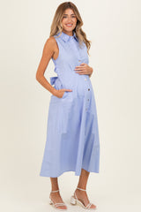 Chambray Button Up Sleeveless Maternity Midi Dress