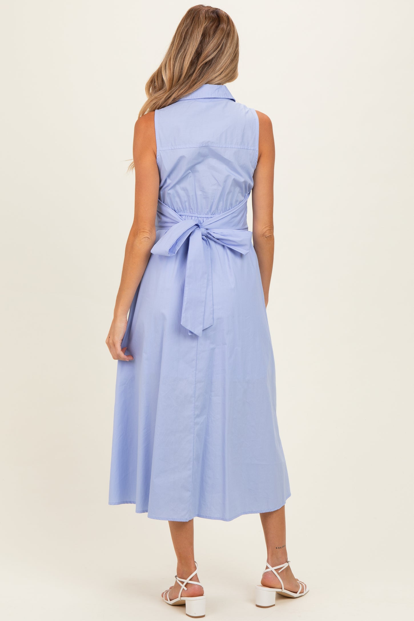 Chambray Button Up Sleeveless Maternity Midi Dress