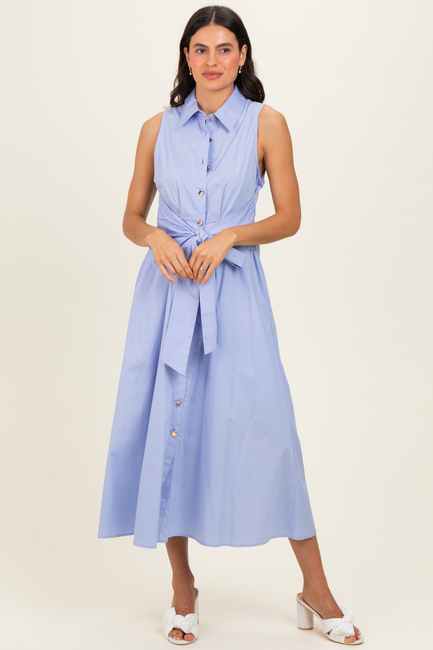 Chambray Button Up Sleeveless Maternity Midi Dress