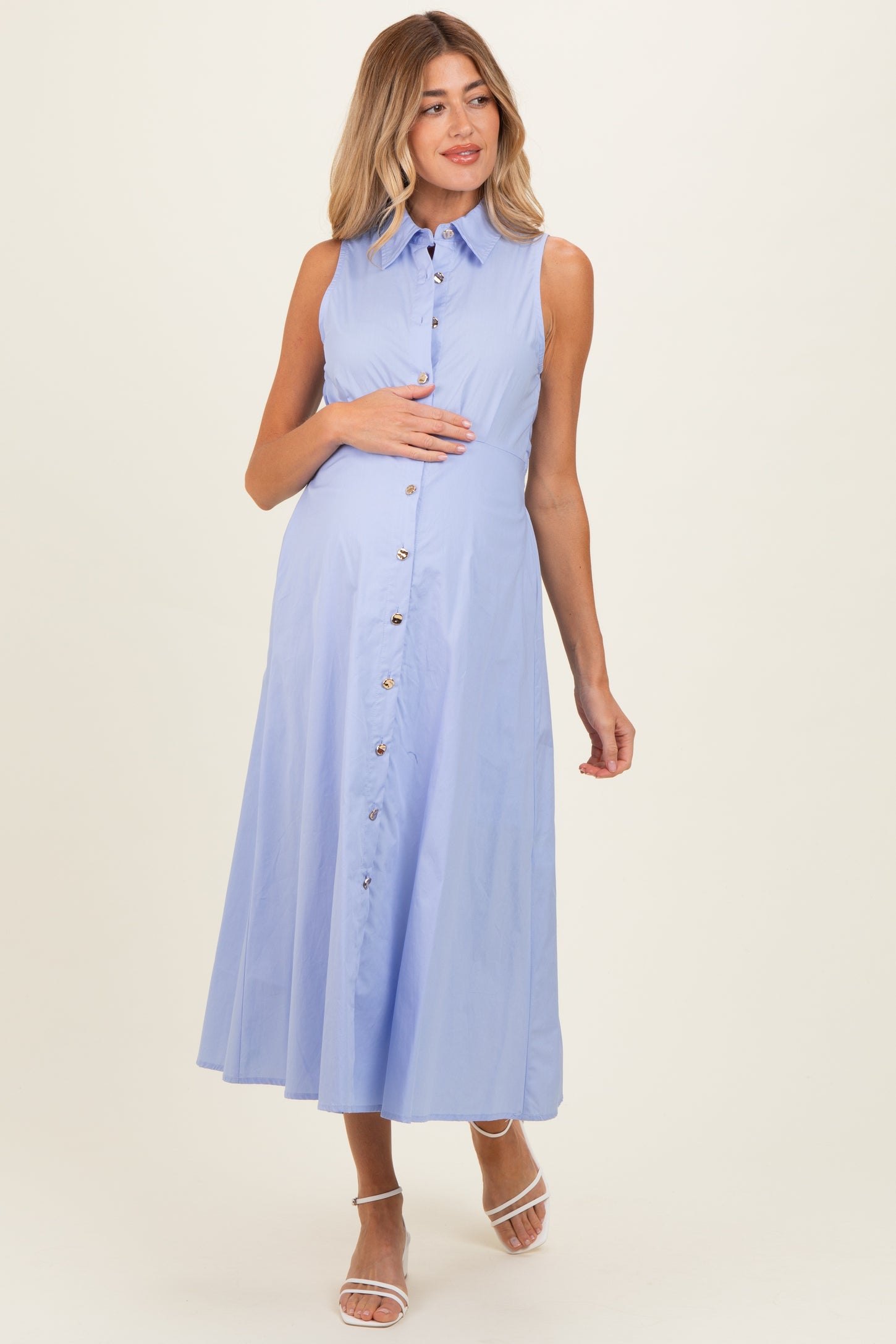 Chambray Button Up Sleeveless Maternity Midi Dress