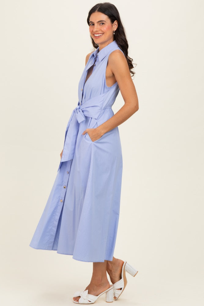 Chambray Button Up Sleeveless Midi Dress