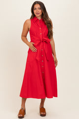 Red Button Up Sleeveless Maternity Midi Dress
