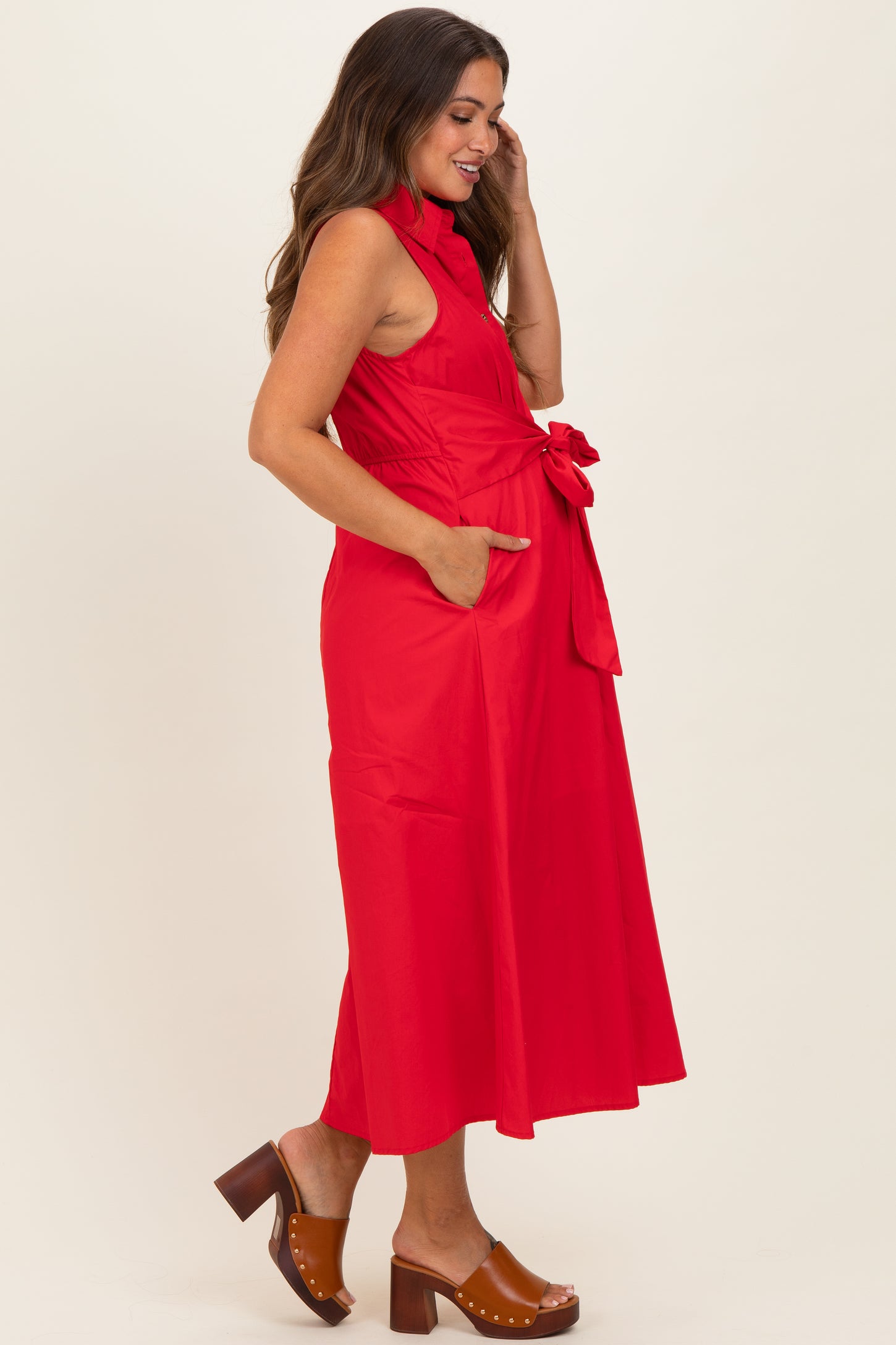 Red Button Up Sleeveless Maternity Midi Dress