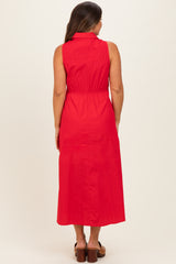 Red Button Up Sleeveless Maternity Midi Dress