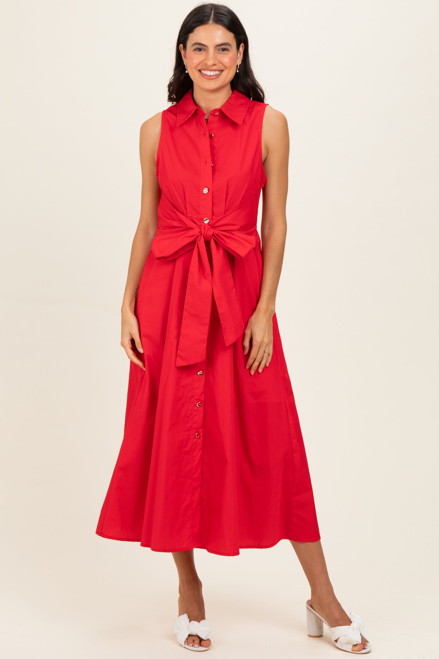 Red Button Up Sleeveless Midi Dress
