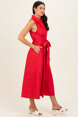 Red Button Up Sleeveless Midi Dress