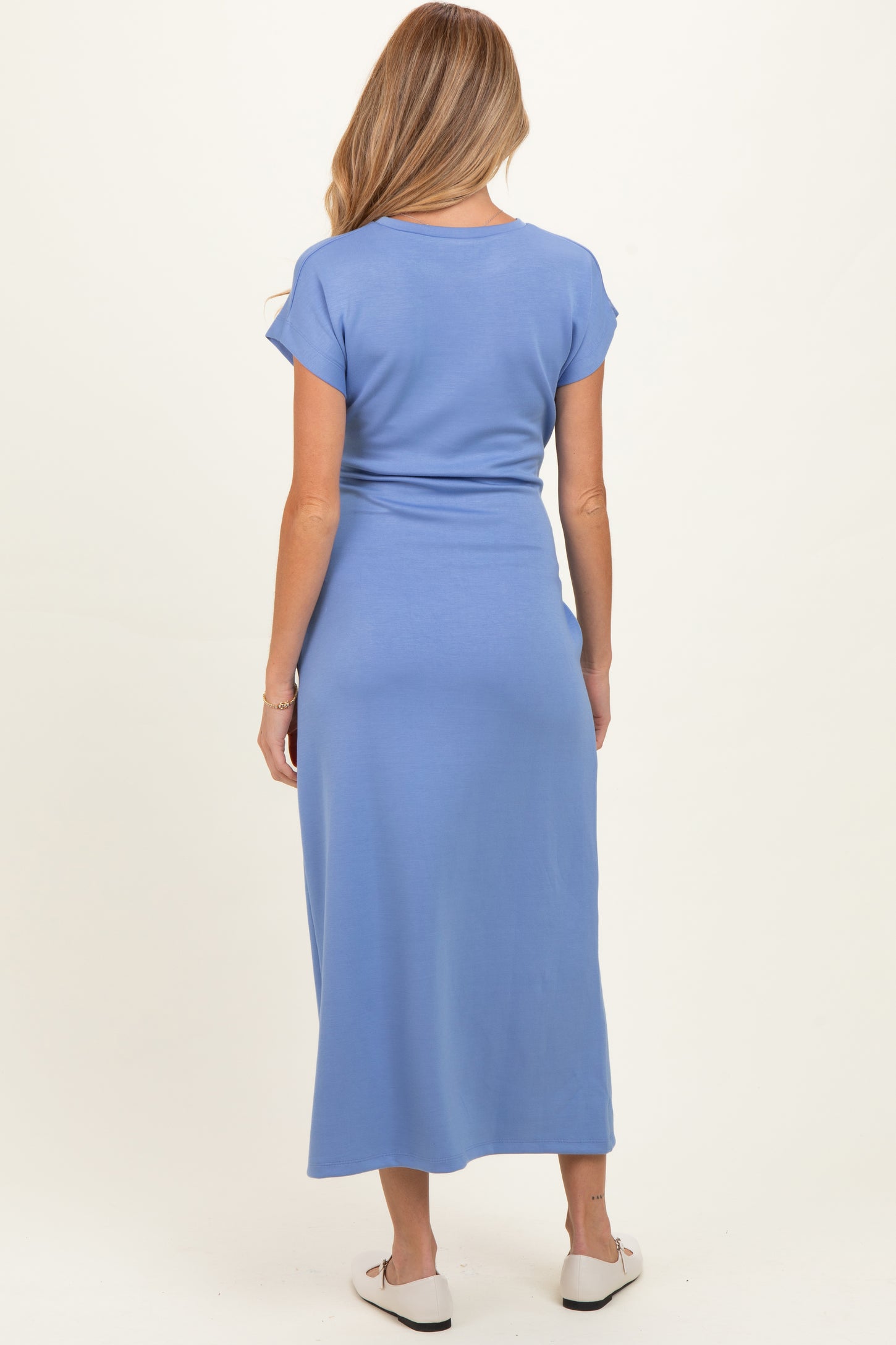 Blue Side Tie Short Sleeve Maternity Midi Dress
