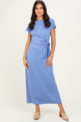 Blue Side Tie Short Sleeve Maternity Midi Dress