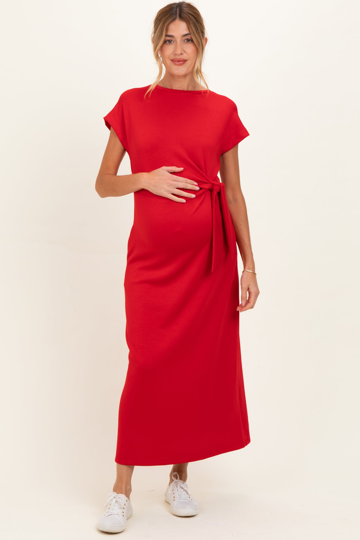 Red Side Tie Short Sleeve Maternity Midi Dress