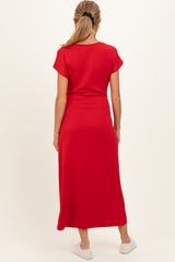 Red Side Tie Short Sleeve Maternity Midi Dress
