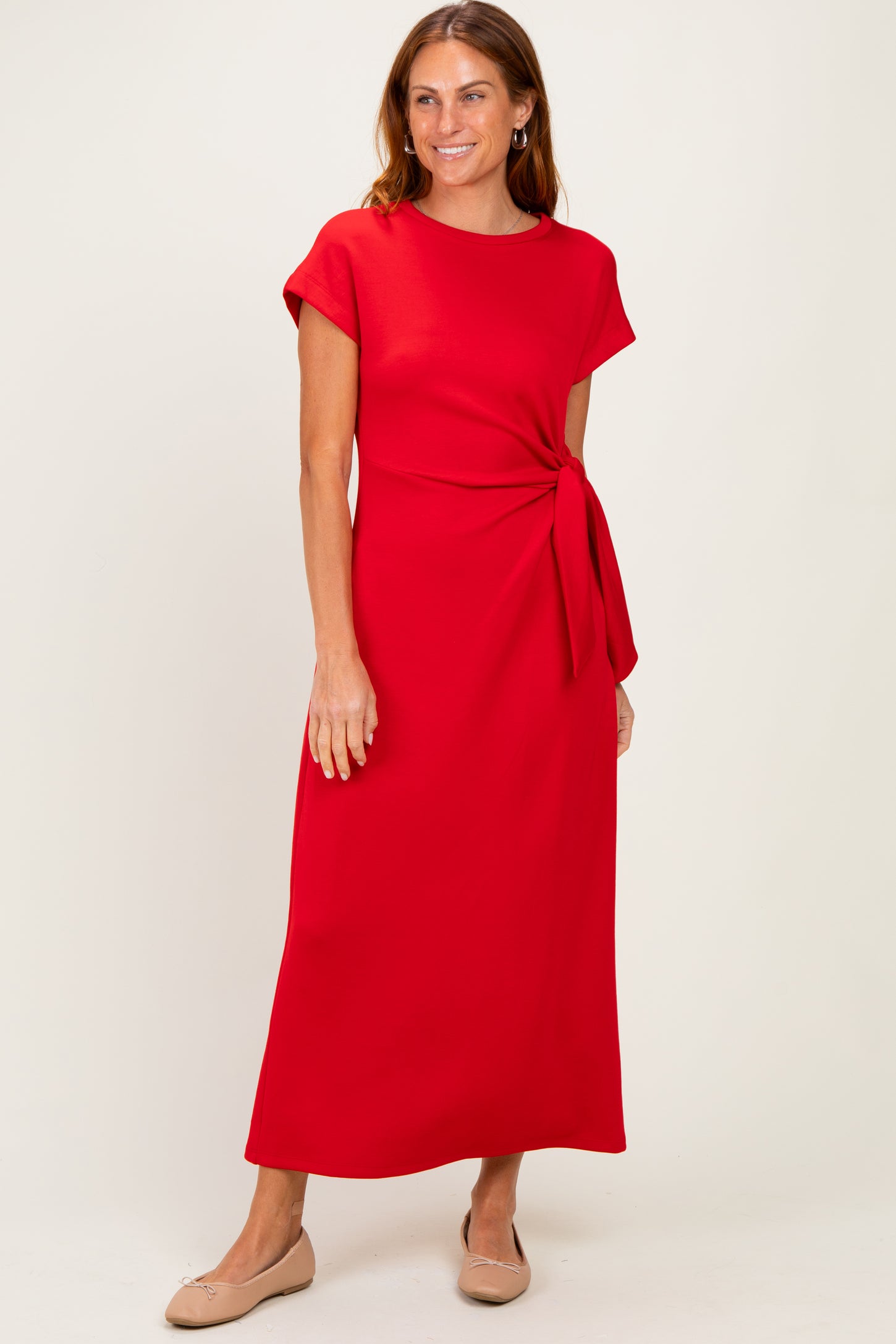 Red Side Tie Short Sleeve Maternity Midi Dress