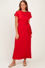 Red Side Tie Short Sleeve Maternity Midi Dress