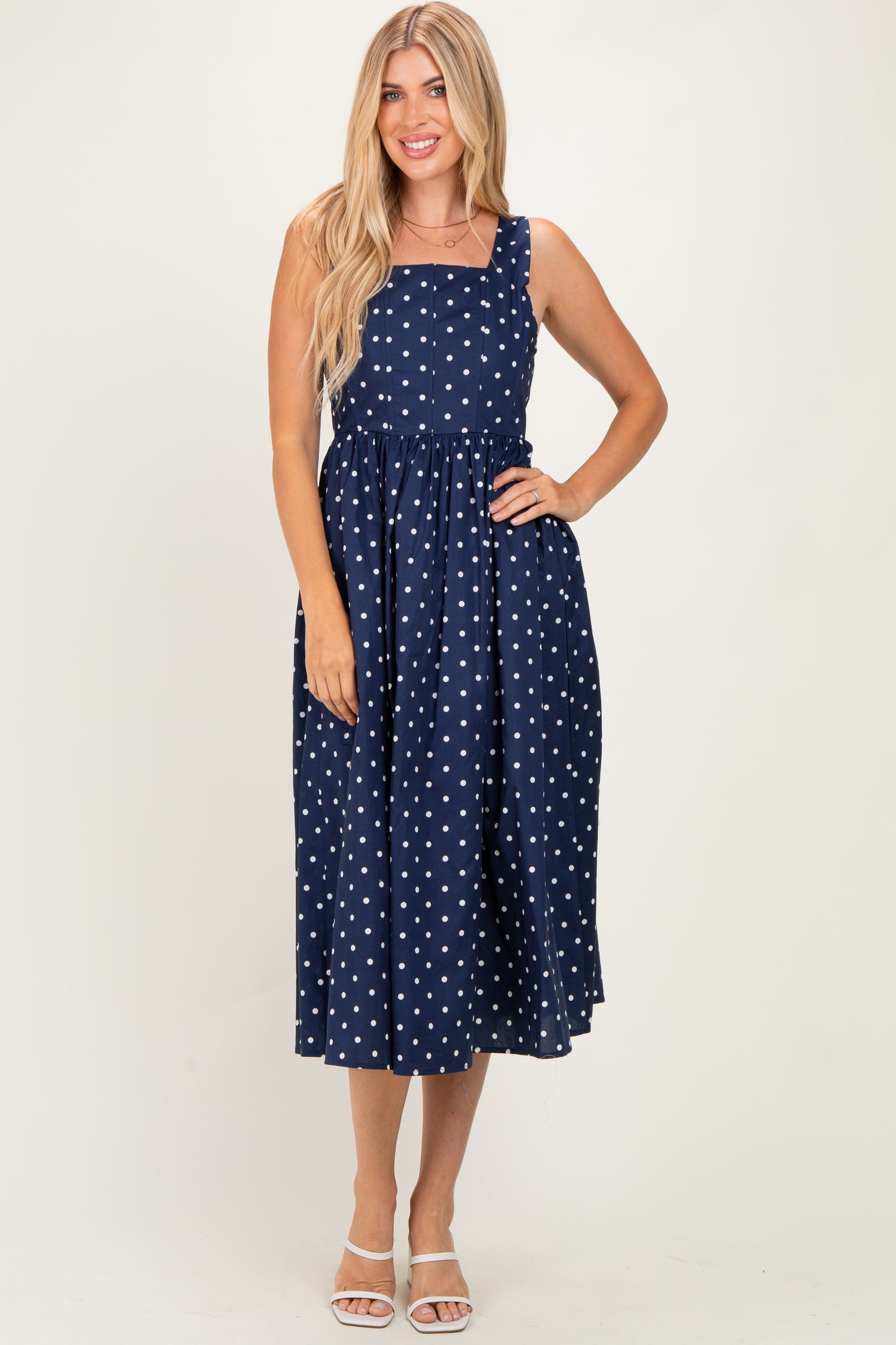Navy Polka Dot Sleeveless Midi Dress