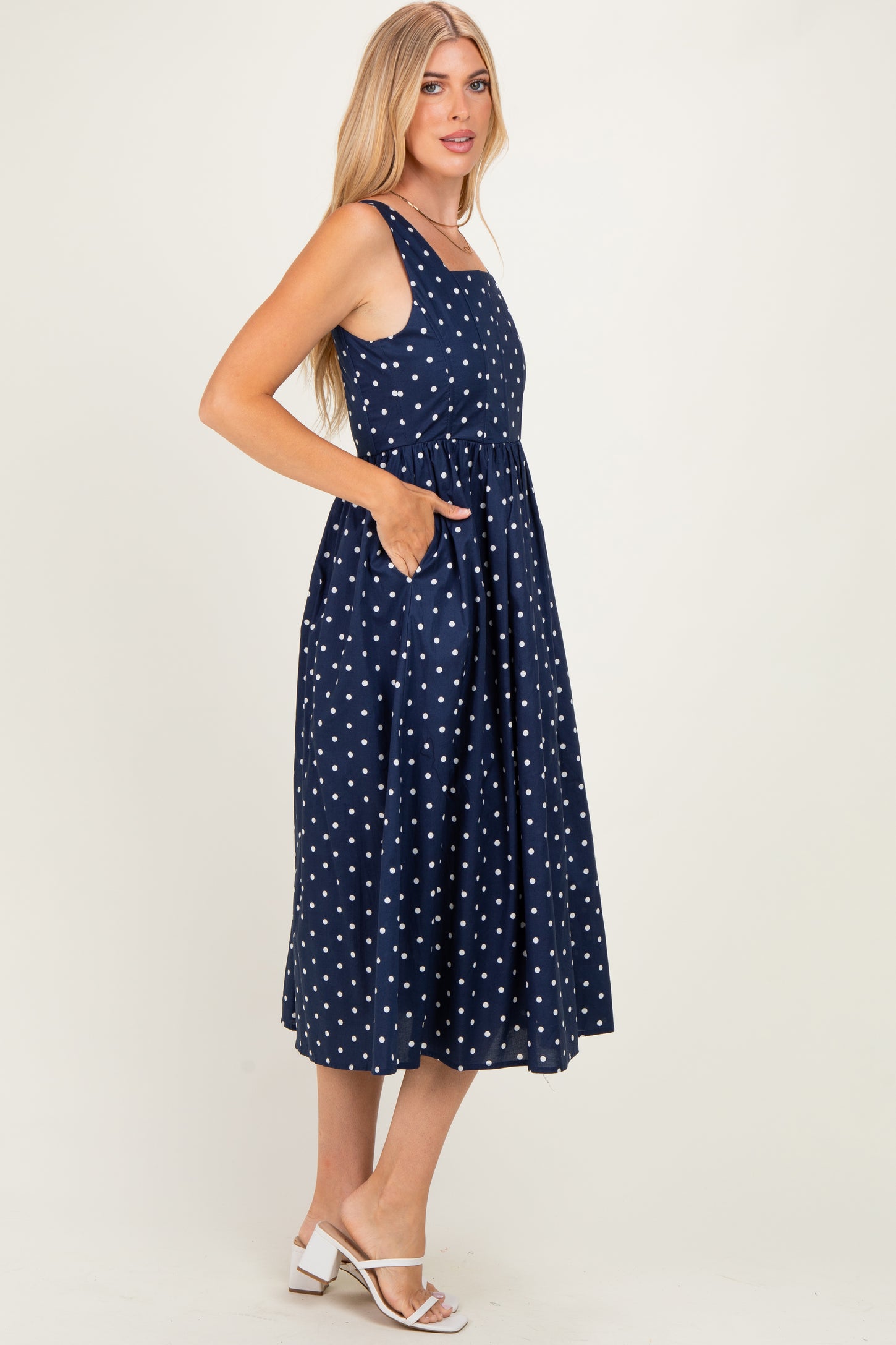 Navy Polka Dot Sleeveless Midi Dress