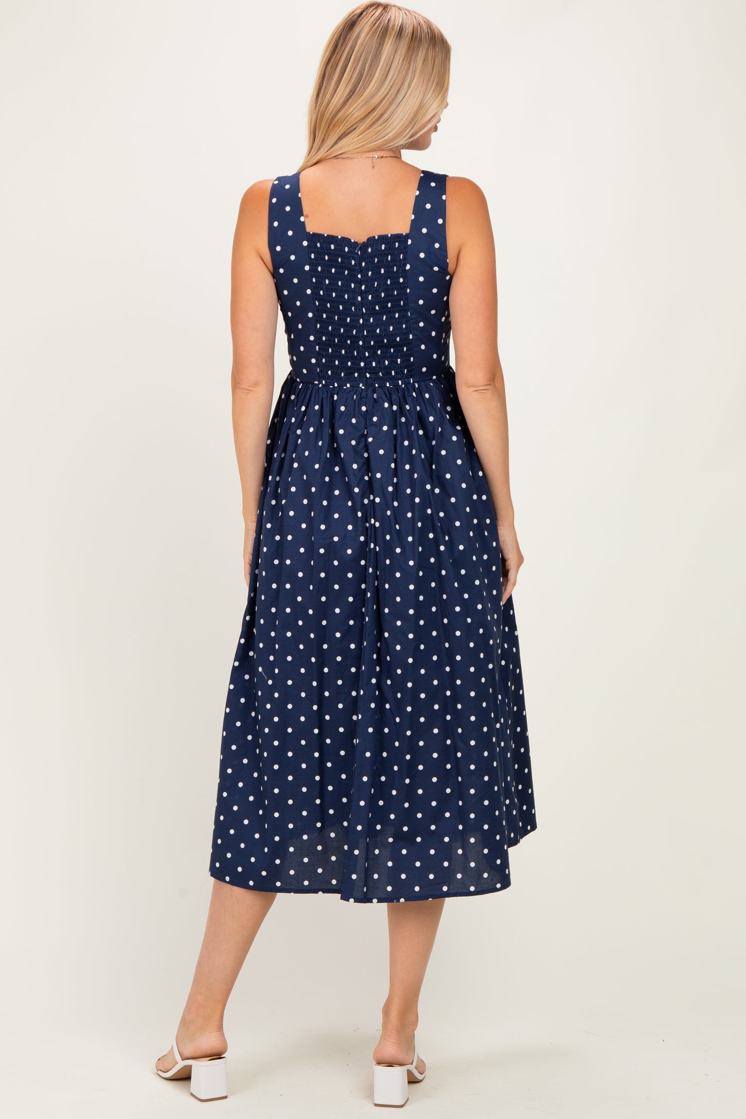 Navy Polka Dot Sleeveless Midi Dress