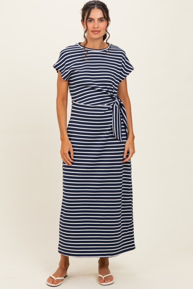 Navy Striped Side Tie Maternity Midi Dress