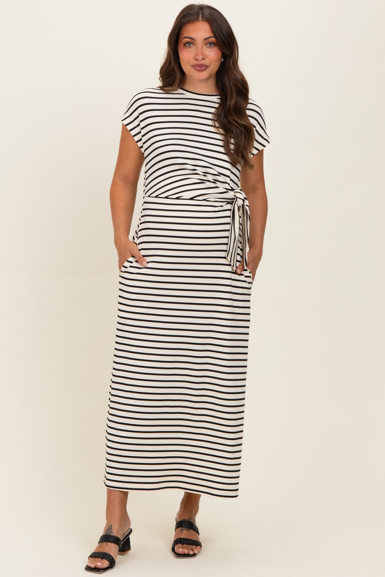 Cream Striped Side Tie Maternity Midi Dress