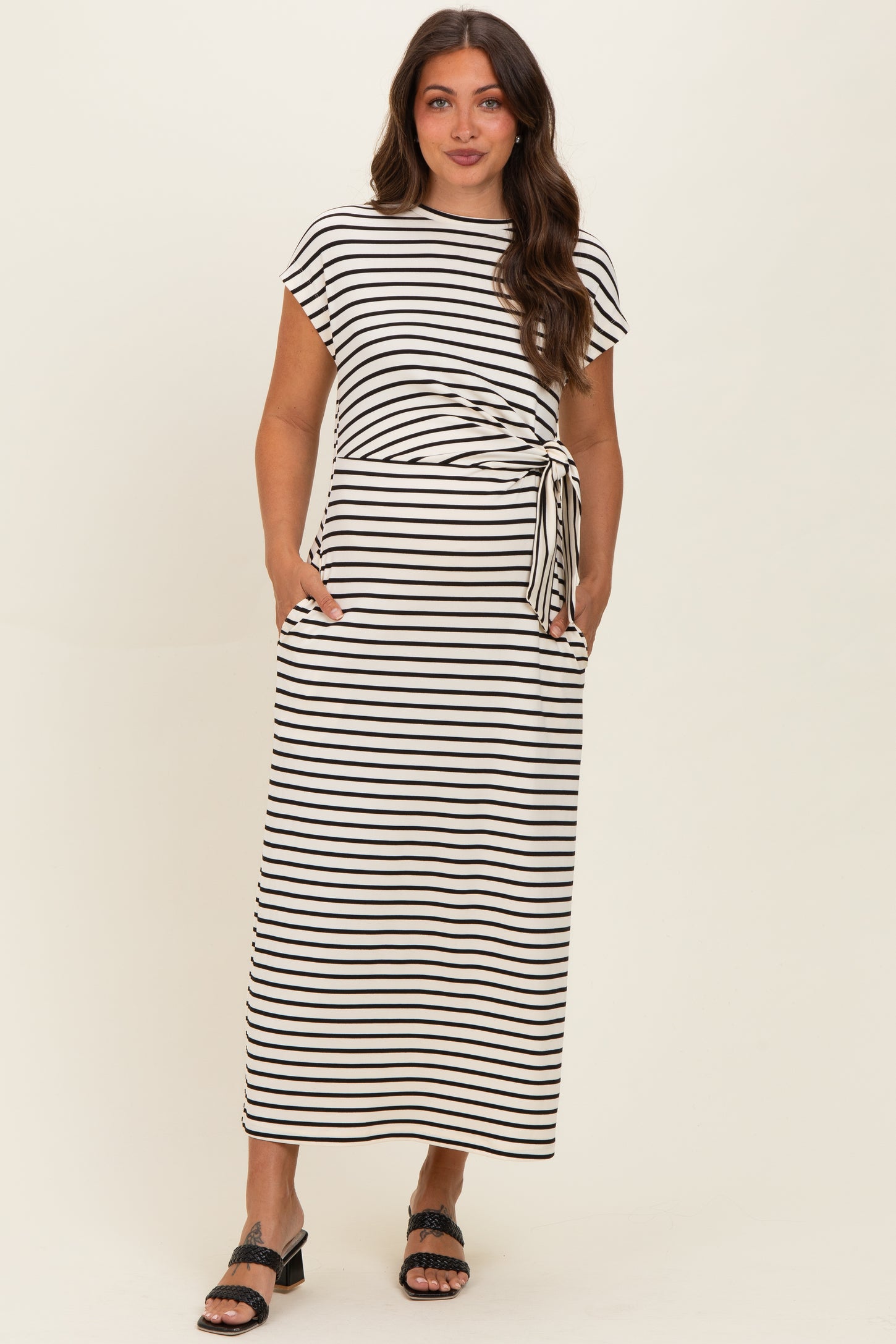 Cream Striped Side Tie Maternity Midi Dress