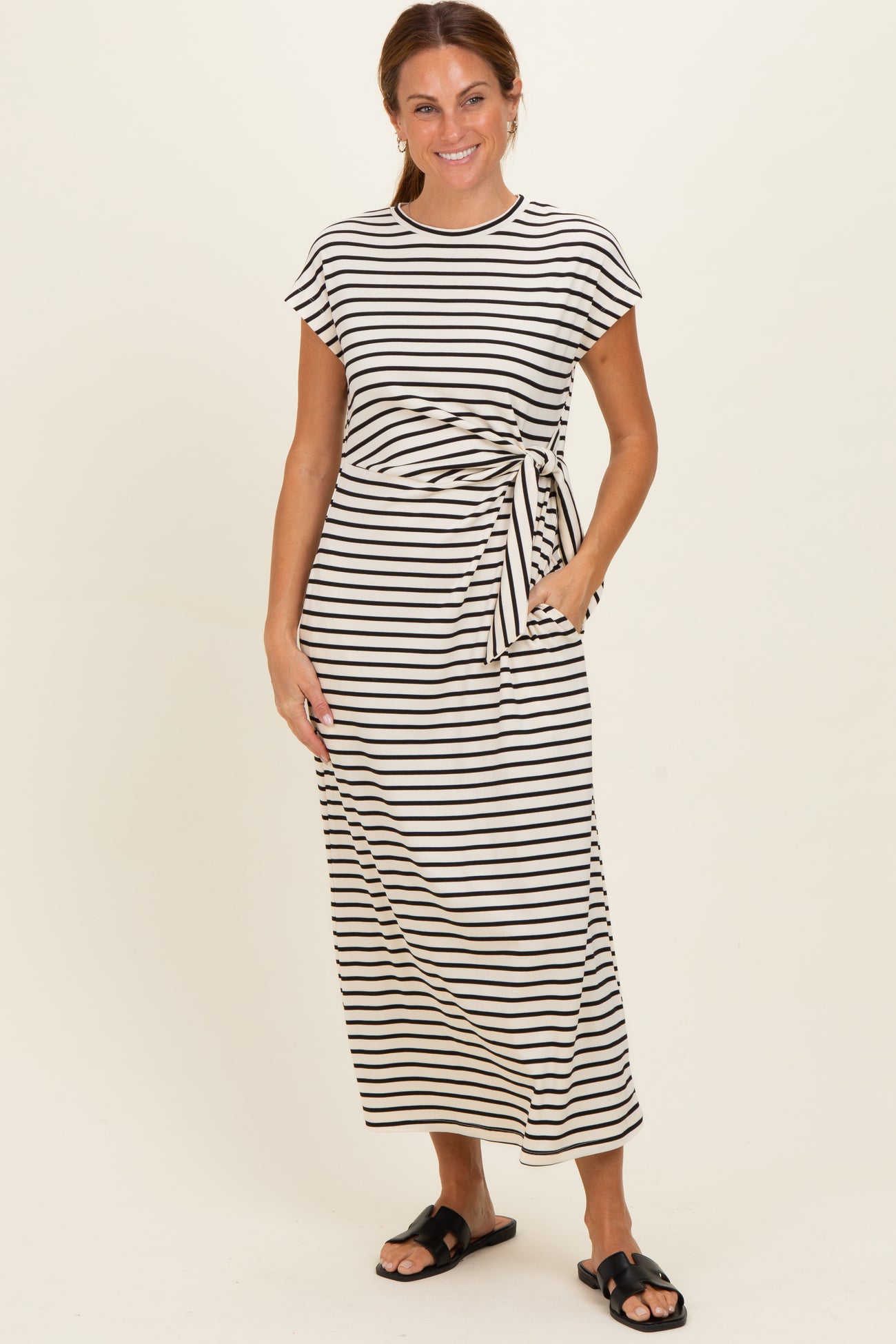Cream Striped Side Tie Maternity Midi Dress