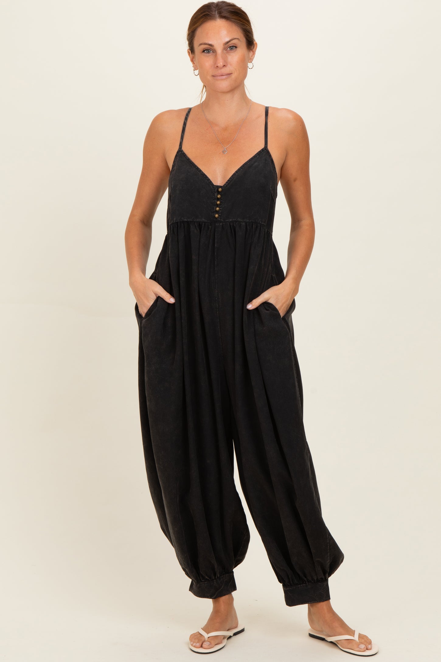 Ash Black Mineral Wash Sleeveless V-Neck Maternity Jumpsuit