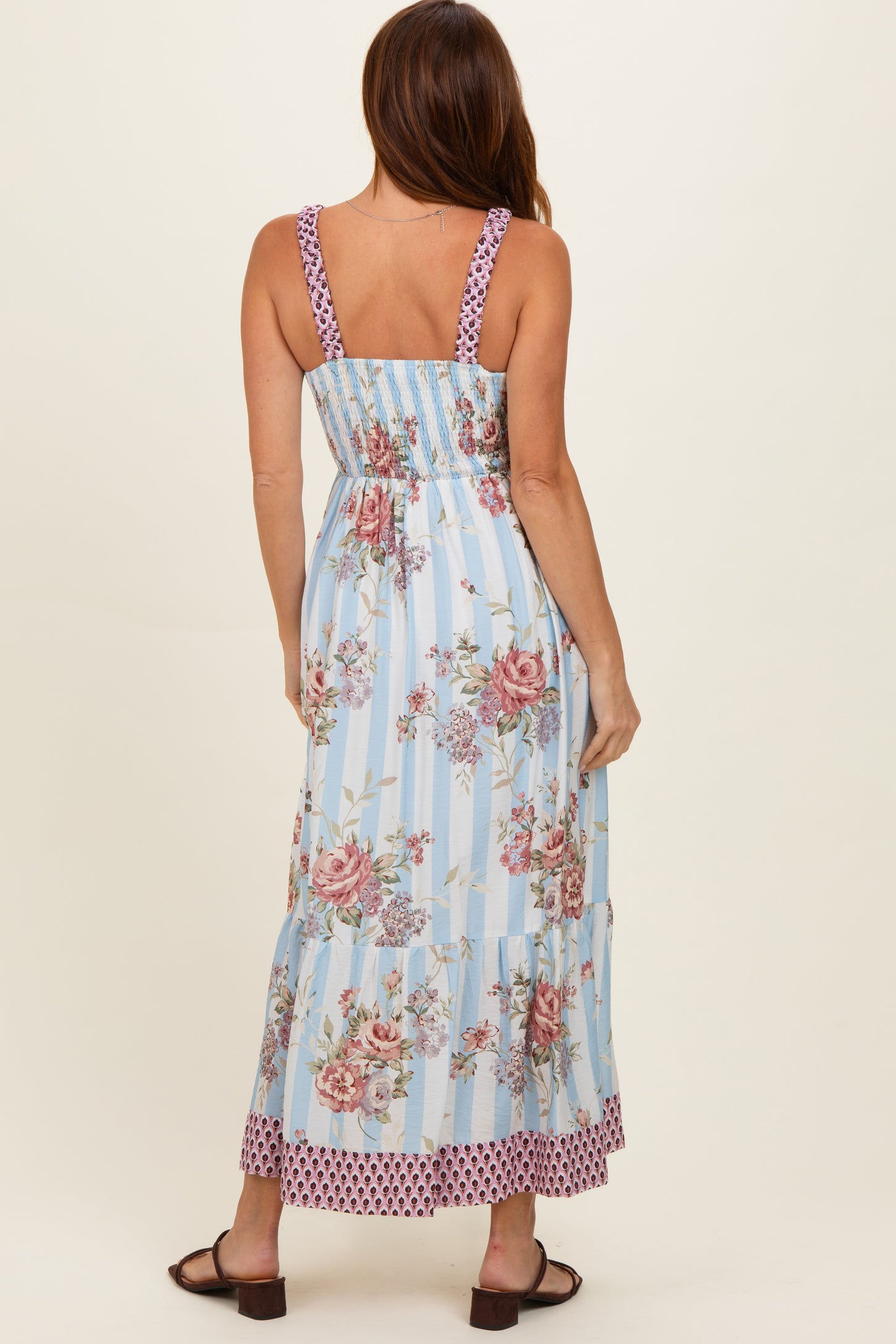 French Blue Floral Striped Contrast Strap Maxi Dress