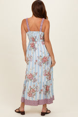 French Blue Floral Striped Contrast Strap Maxi Dress