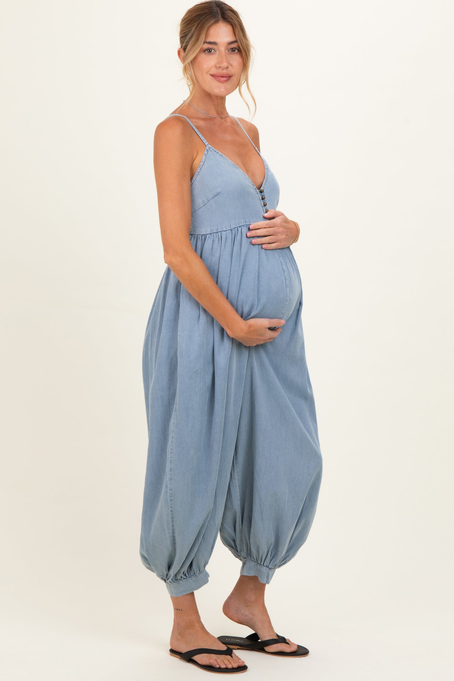 Denim Blue Sleeveless Button Down Maternity Jumpsuit