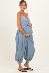 Denim Blue Sleeveless Button Down Maternity Jumpsuit