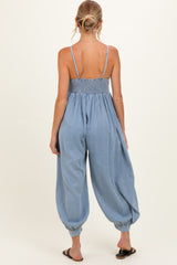 Denim Blue Sleeveless Button Down Maternity Jumpsuit