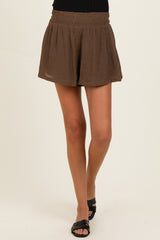 Coconut Brown Soft Washed Elastic Waist Maternity Shorts