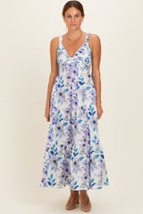 Lilac Blue Floral Pleated Bust Tiered Maternity Maxi Dress