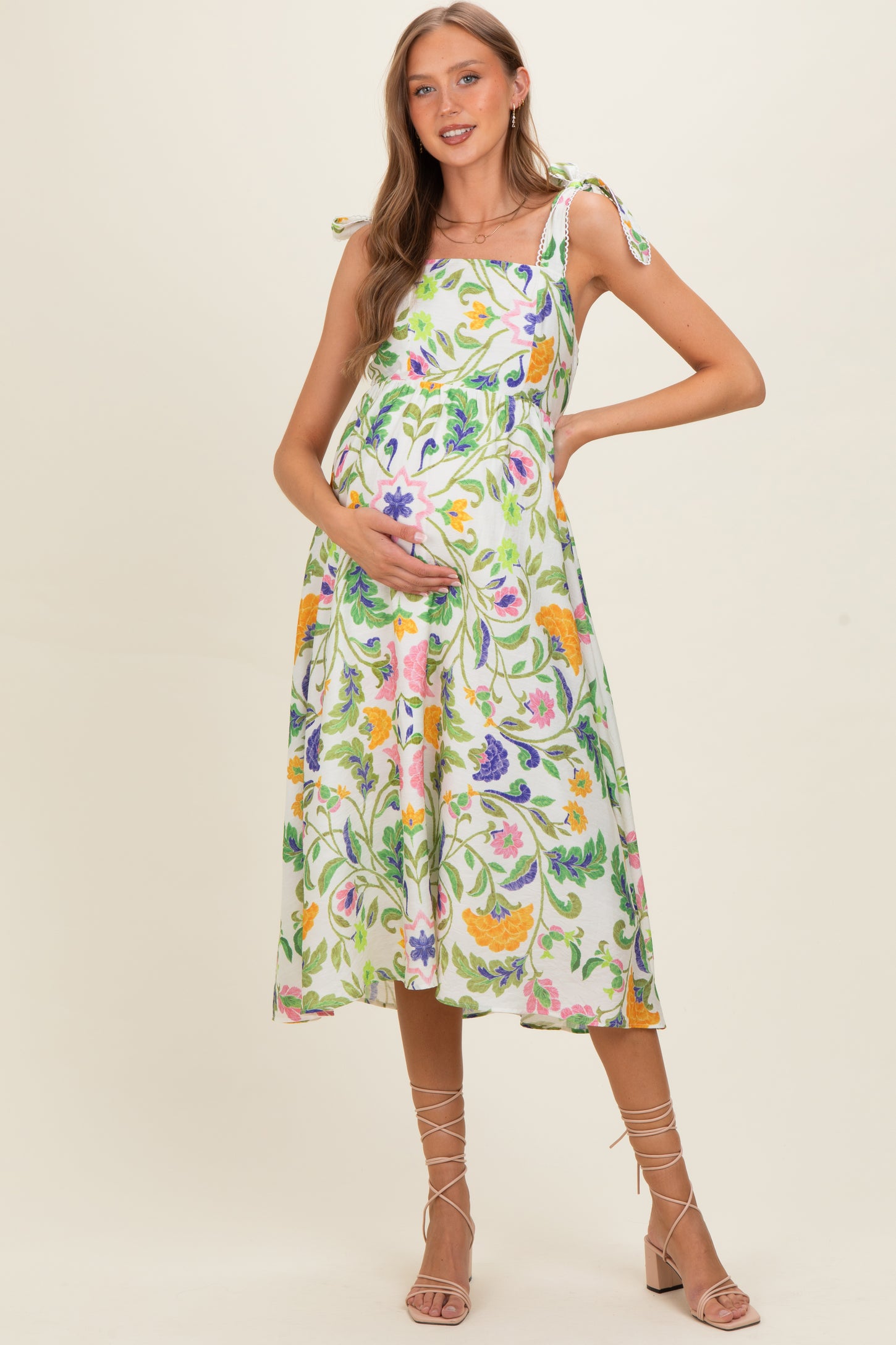 Lemongrass Floral Shoulder Tie Maternity Midi Dress
