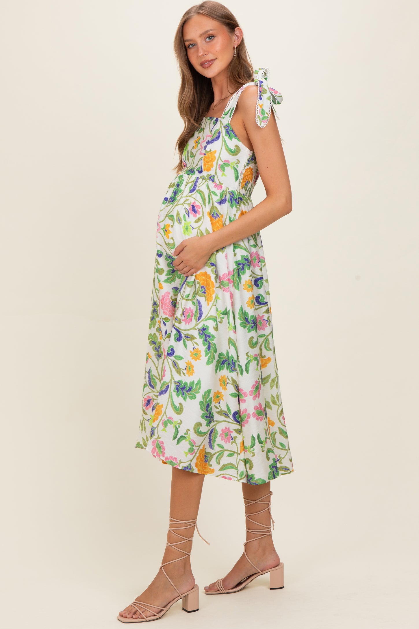 Lemongrass Floral Shoulder Tie Maternity Midi Dress