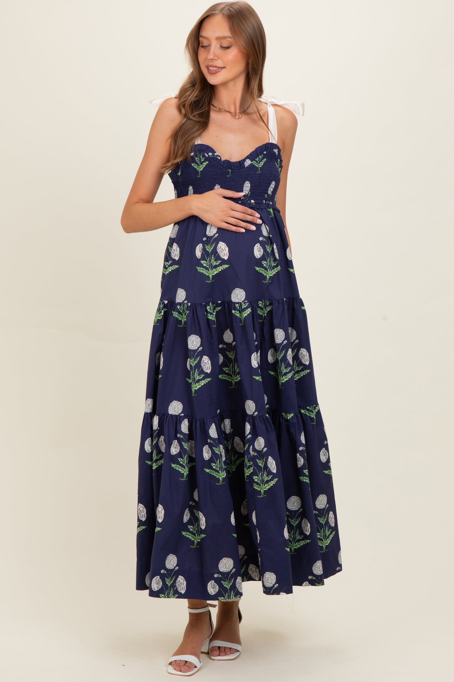 Navy Floral Sweetheart Neckline Smocked Maternity Maxi Dress