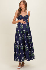 Navy Floral Sweetheart Neckline Smocked Maternity Maxi Dress