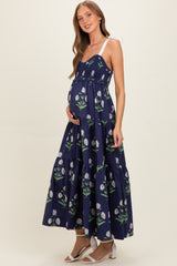 Navy Floral Sweetheart Neckline Smocked Maternity Maxi Dress