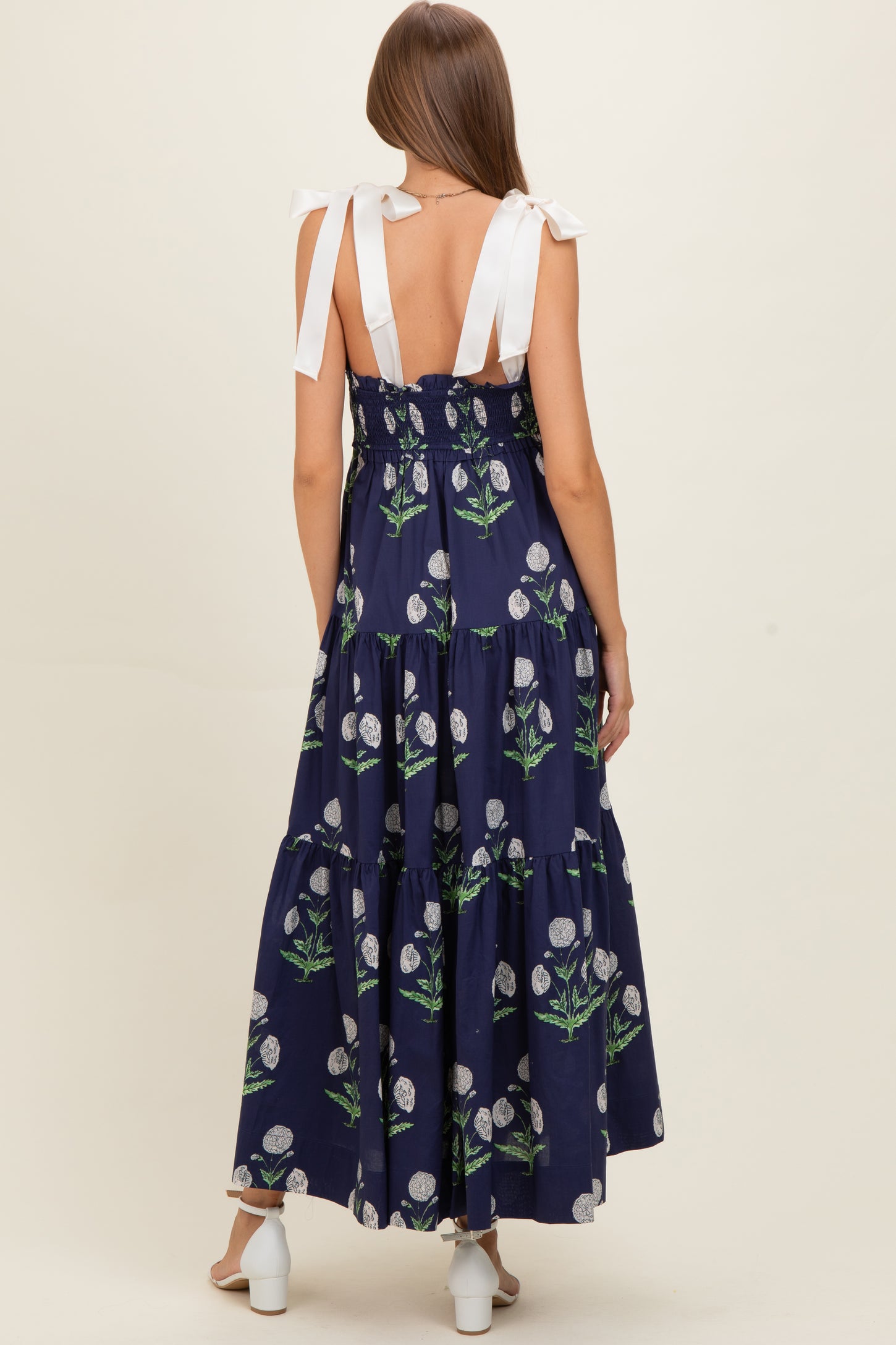 Navy Floral Sweetheart Neckline Smocked Maternity Maxi Dress