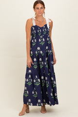 Navy Floral Sweetheart Neckline Smocked Maxi Dress