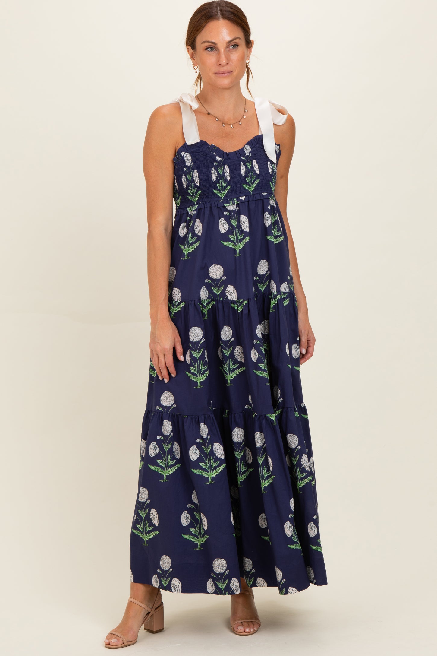 Navy Floral Sweetheart Neckline Smocked Maternity Maxi Dress