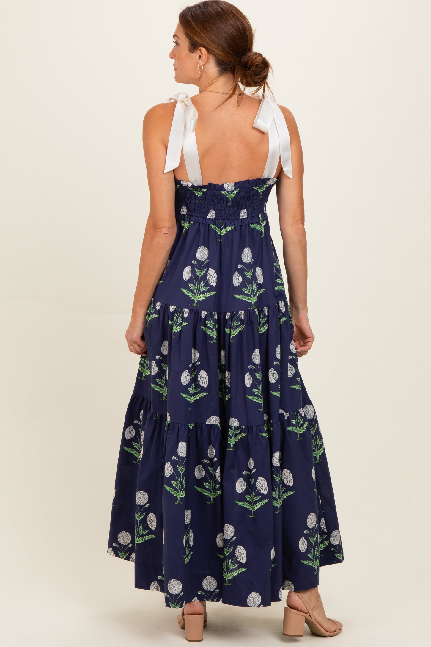 Navy Floral Sweetheart Neckline Smocked Maxi Dress