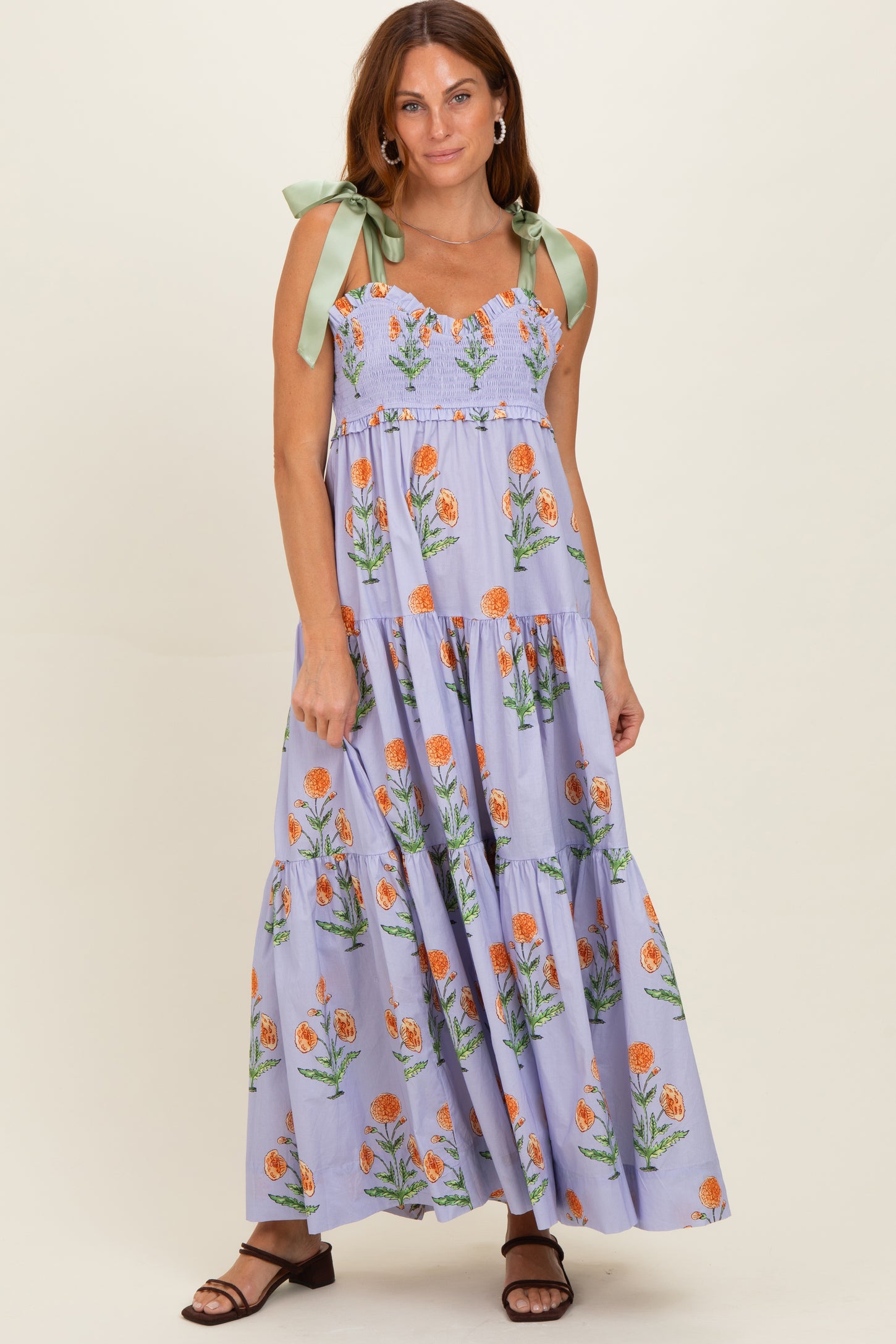 Lavender Floral Sweetheart Neckline Smocked Maxi Dress