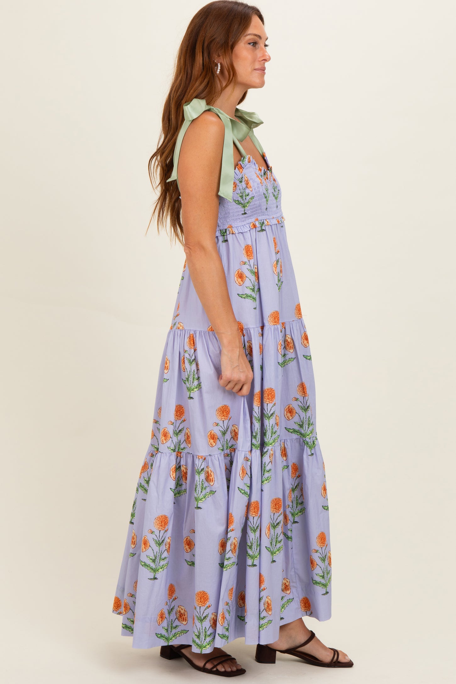 Lavender Floral Sweetheart Neckline Smocked Maxi Dress