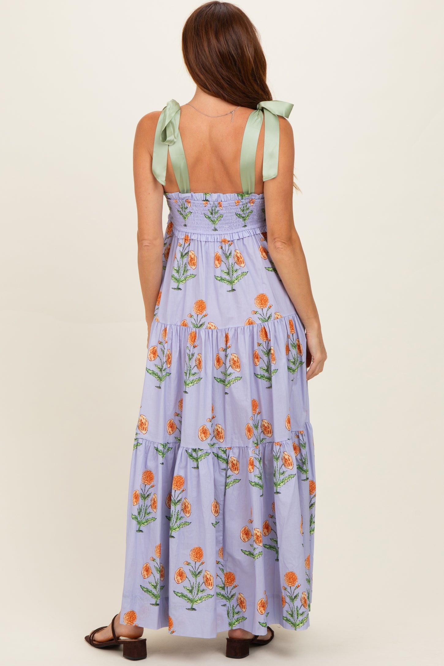 Lavender Floral Sweetheart Neckline Smocked Maxi Dress