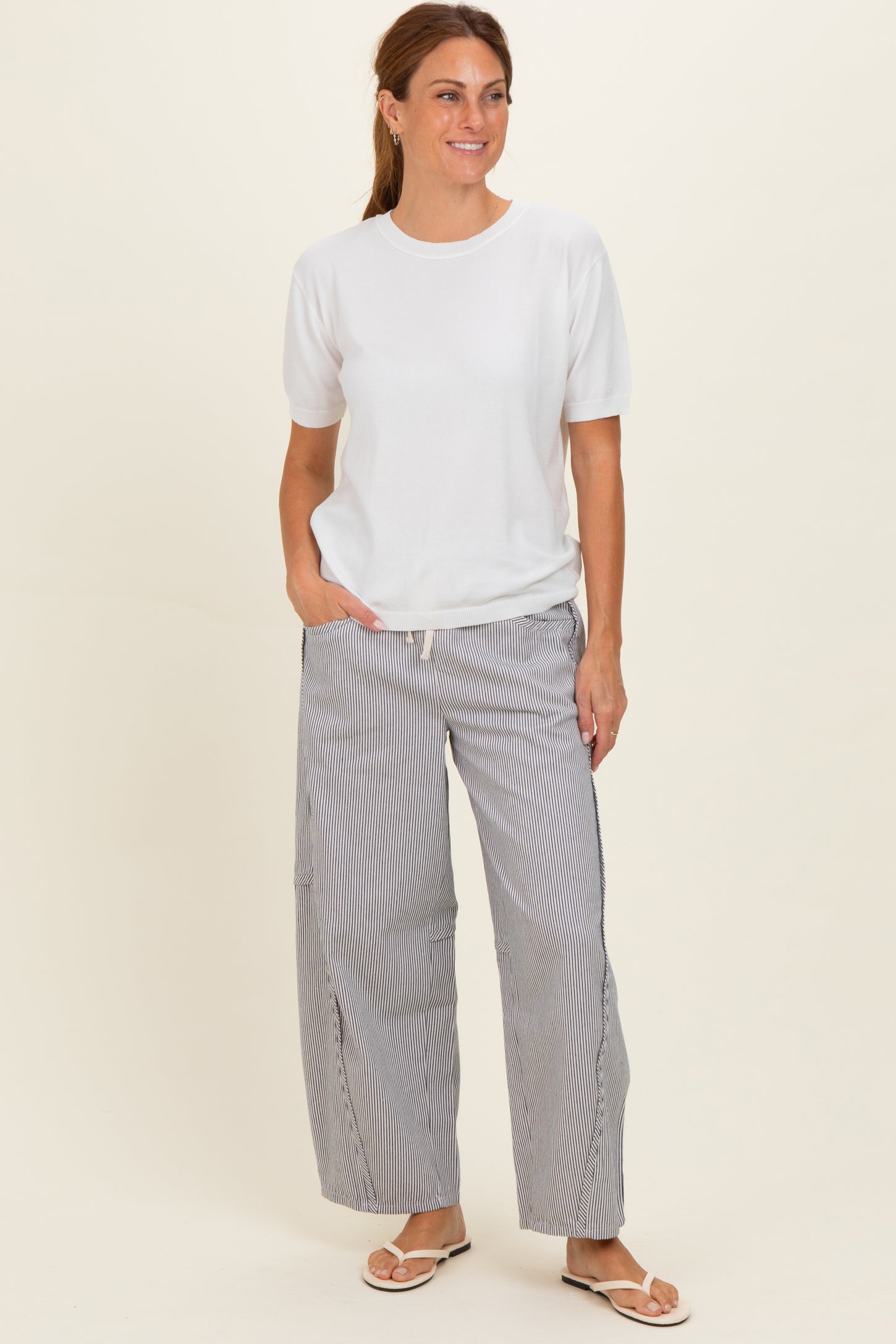 Off White Striped Relaxed Fit Maternity Pants
