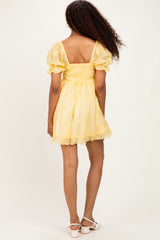 Yellow Floral Applique Puff Sleeve Mini Dress