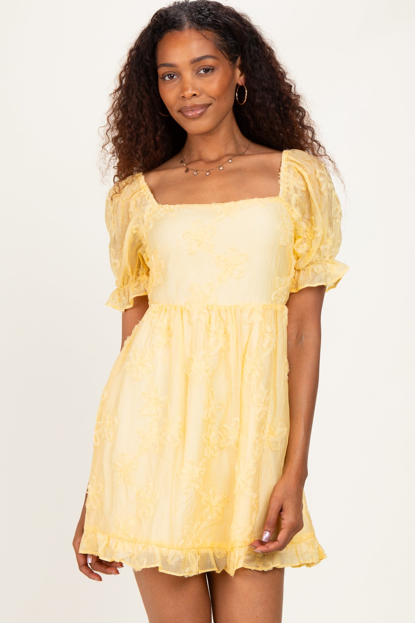 Yellow Floral Applique Puff Sleeve Maternity Mini Dress