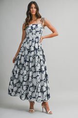 Navy Floral Shoulder Tie Tiered Maternity Maxi Dress