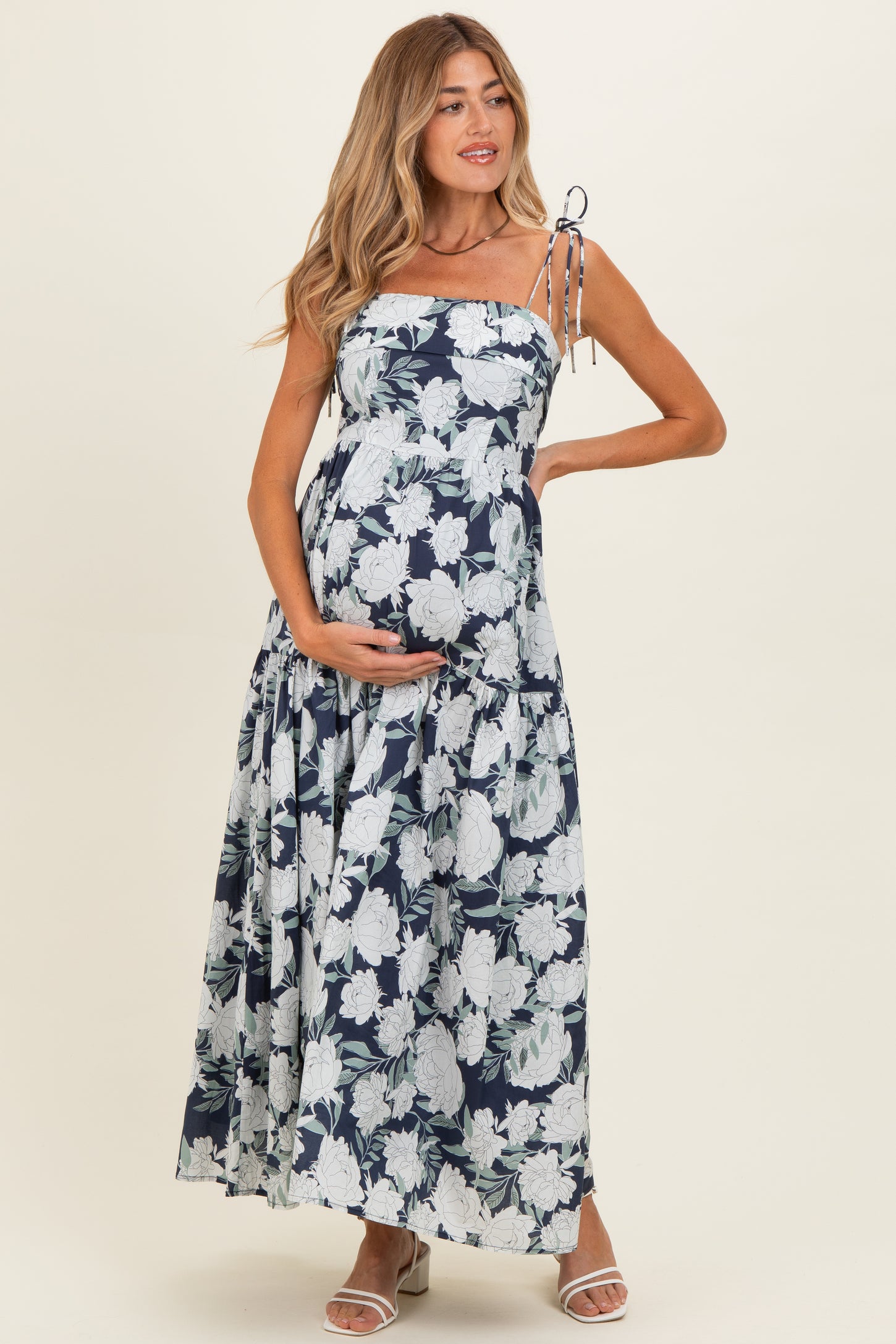 Navy Floral Shoulder Tie Tiered Maternity Maxi Dress