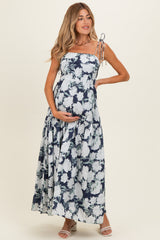 Navy Floral Shoulder Tie Tiered Maternity Maxi Dress